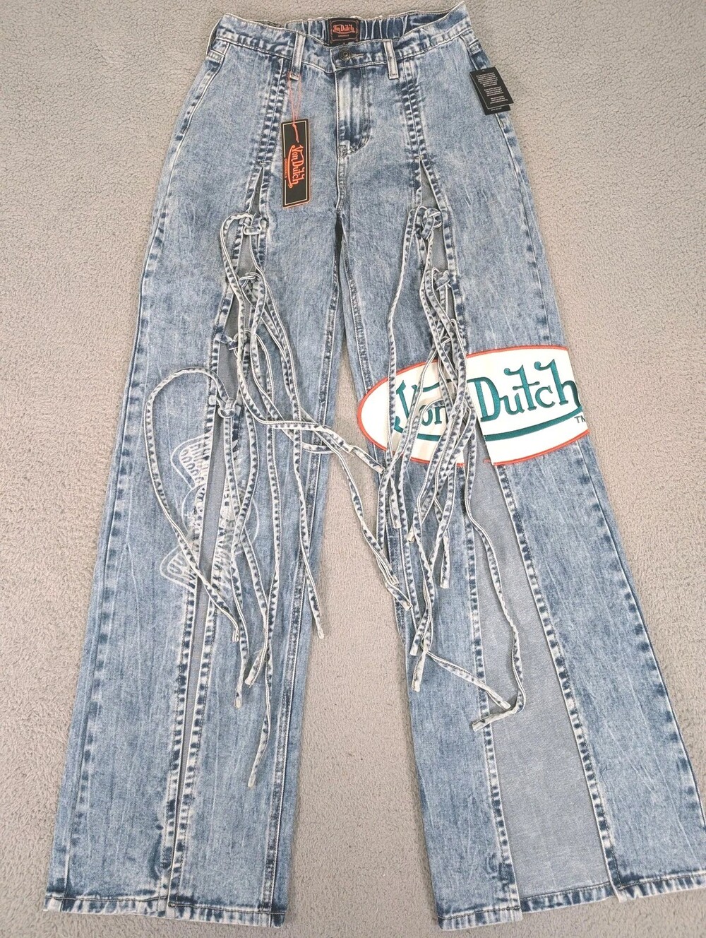 Von Dutch Tie Front Wide Leg Jeans Womens 3 Light Wash Patchwork Denim Y2K New
